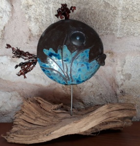 Céramique raku atelier plume poisson bleu